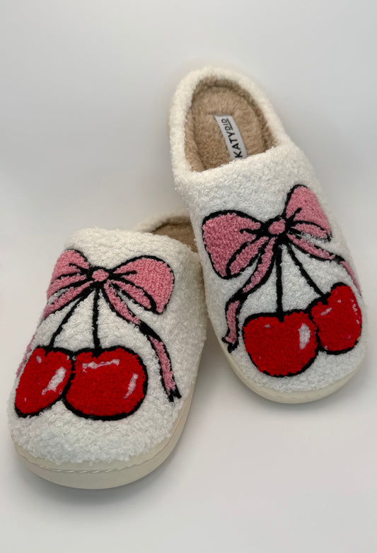 Cherry Bow Fuzzy Slippers